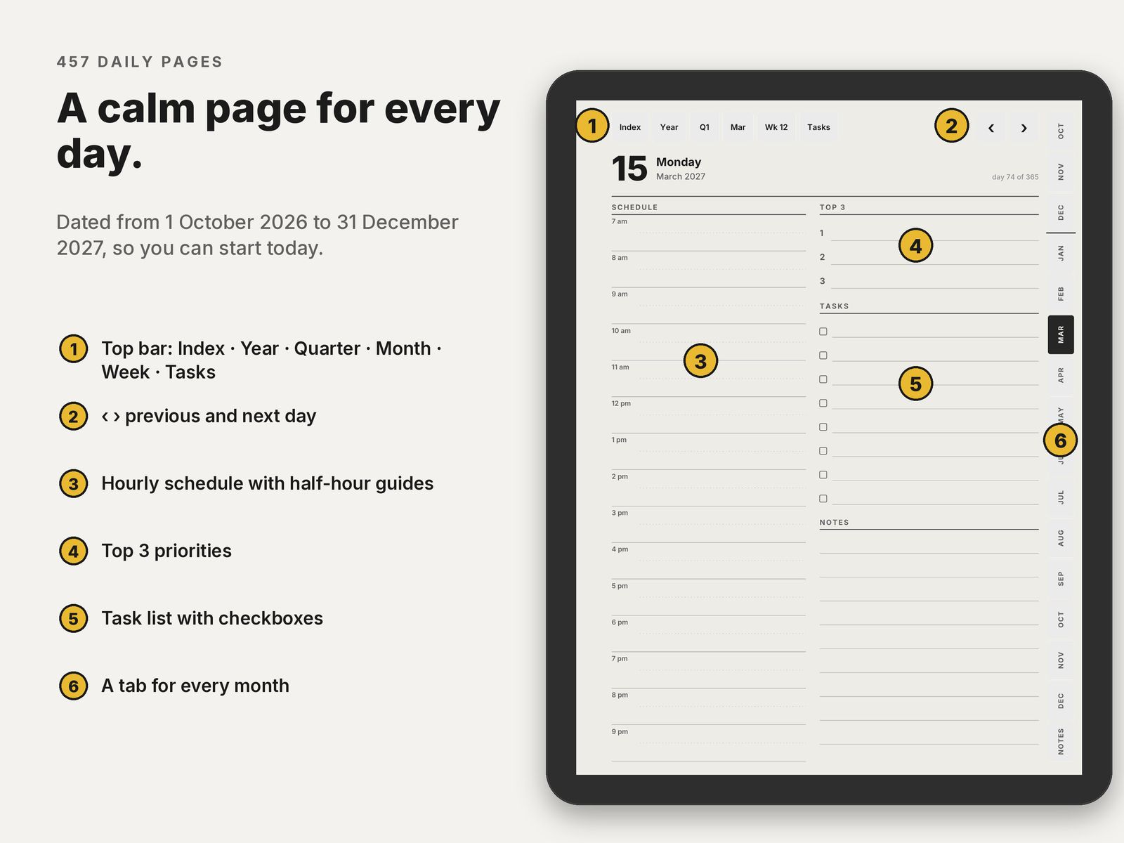 Daily page with top bar, schedule, top 3 priorities, tasks and month tabs