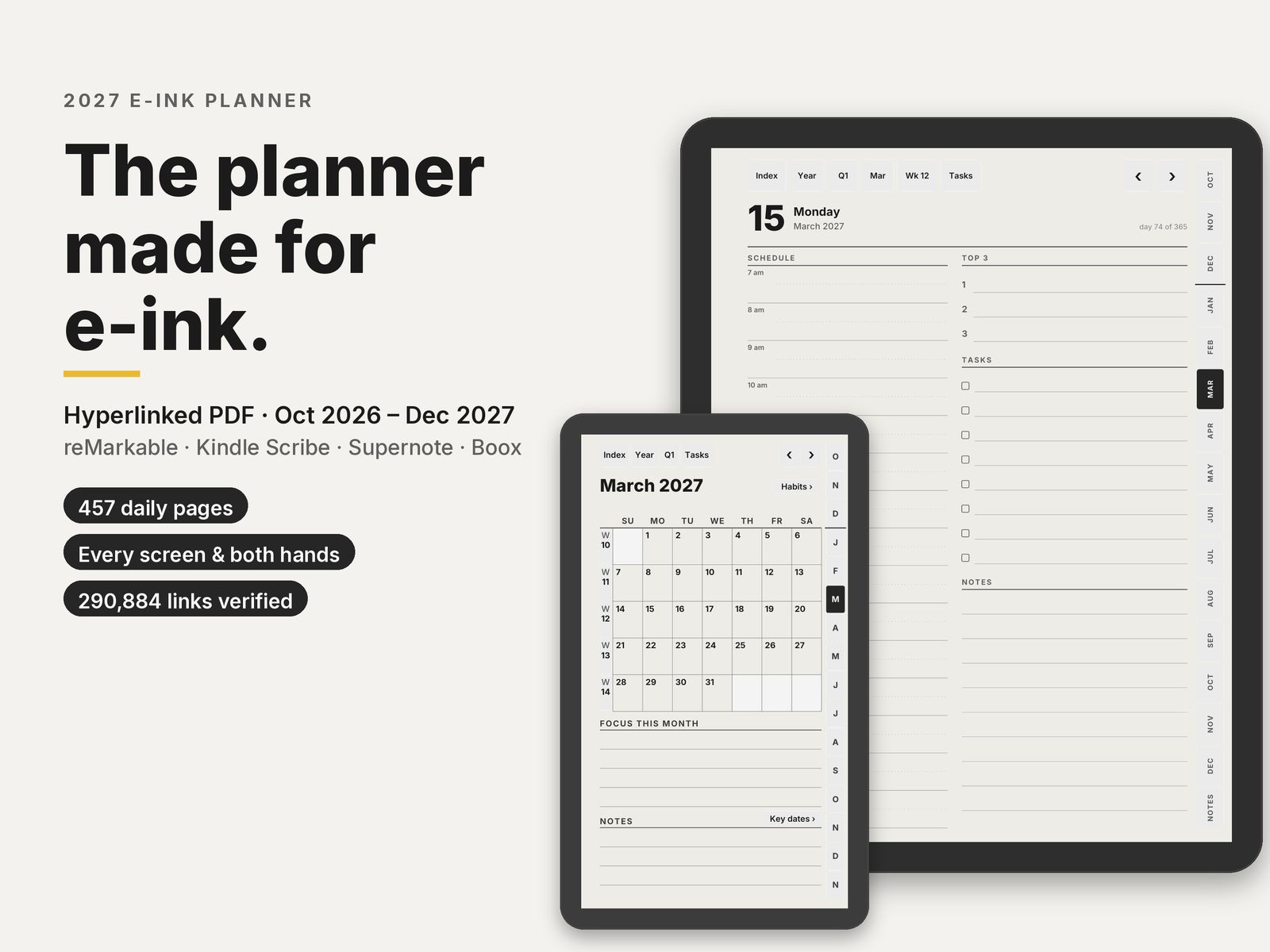 Graphite Planner day page and month page on two e-ink tablets